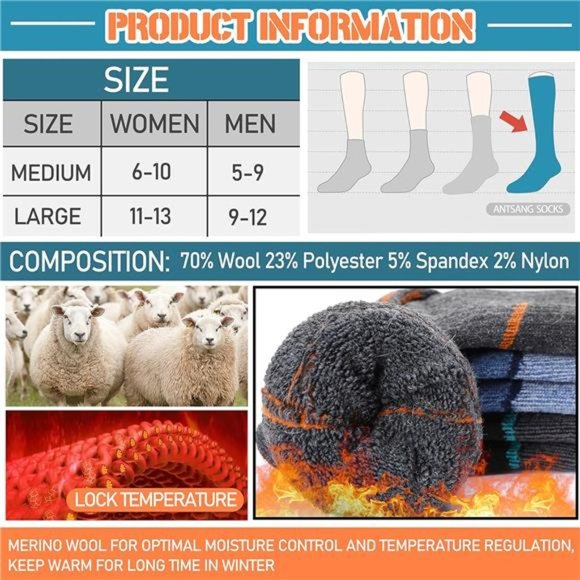 3 Pairs Men's Merino Wool Ski Thermal Warm Thick Knee High Socks, Gray & Blue - Picture 5 of 6